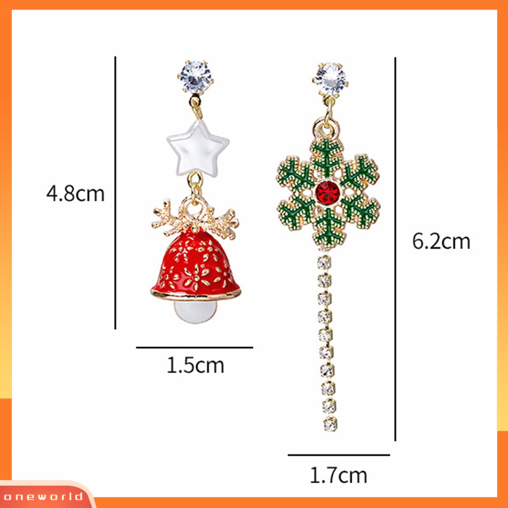 [WOD] 1pasang Anting Natal Snowflake Bell Rumbai Dicat Asimetri Berlian Imitasi Berkilau Anting Stud Panjang Untuk Pakaian Sehari-Hari