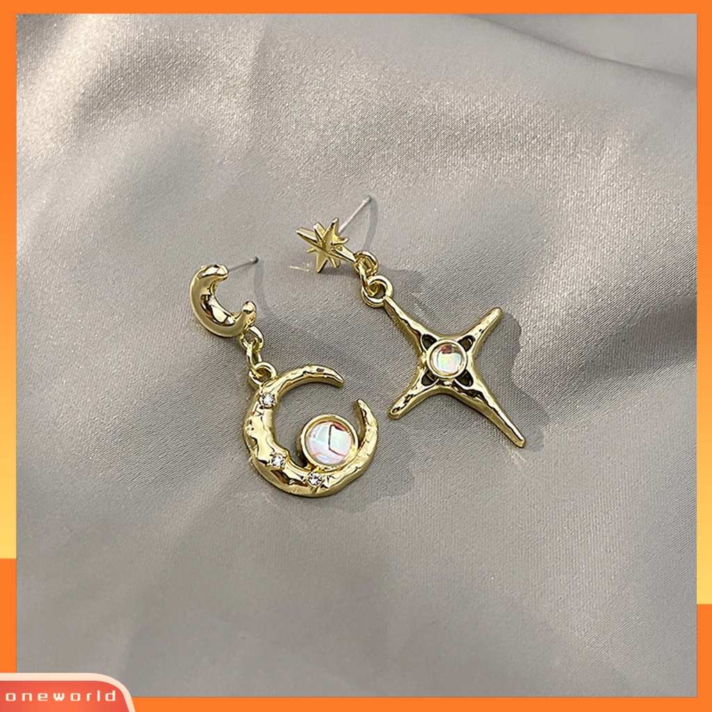 [WOD] 1pasang Anting Menjuntai Asimetris Moonstone Glitter Hiasan Telinga Temperamen Berkilau Bulan Bintang Hias Berlian Imitasi Retro Stud Earrings Untuk Pacaran