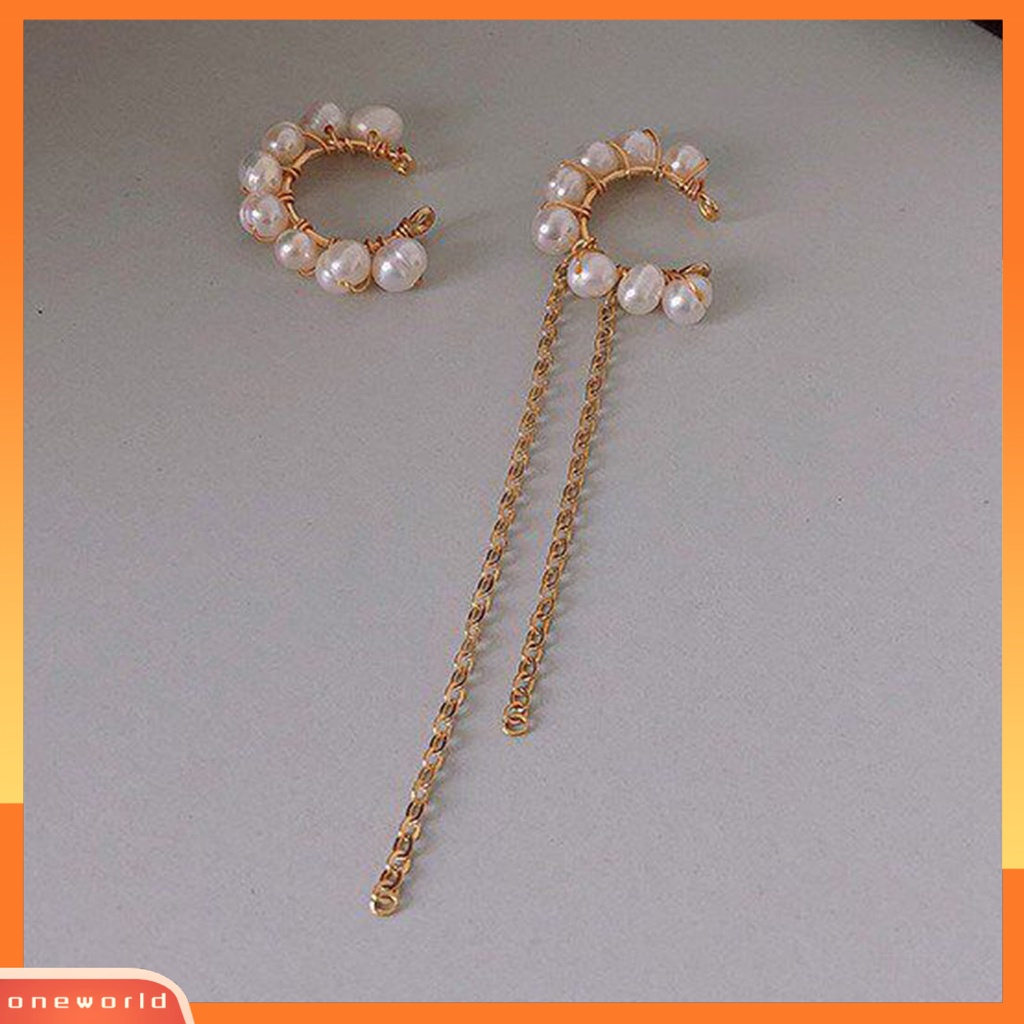 [WOD] 1pasang Indah C-shaped Asymmetric Faux Pearl Earring Ear Cuff Perhiasan Aksesori