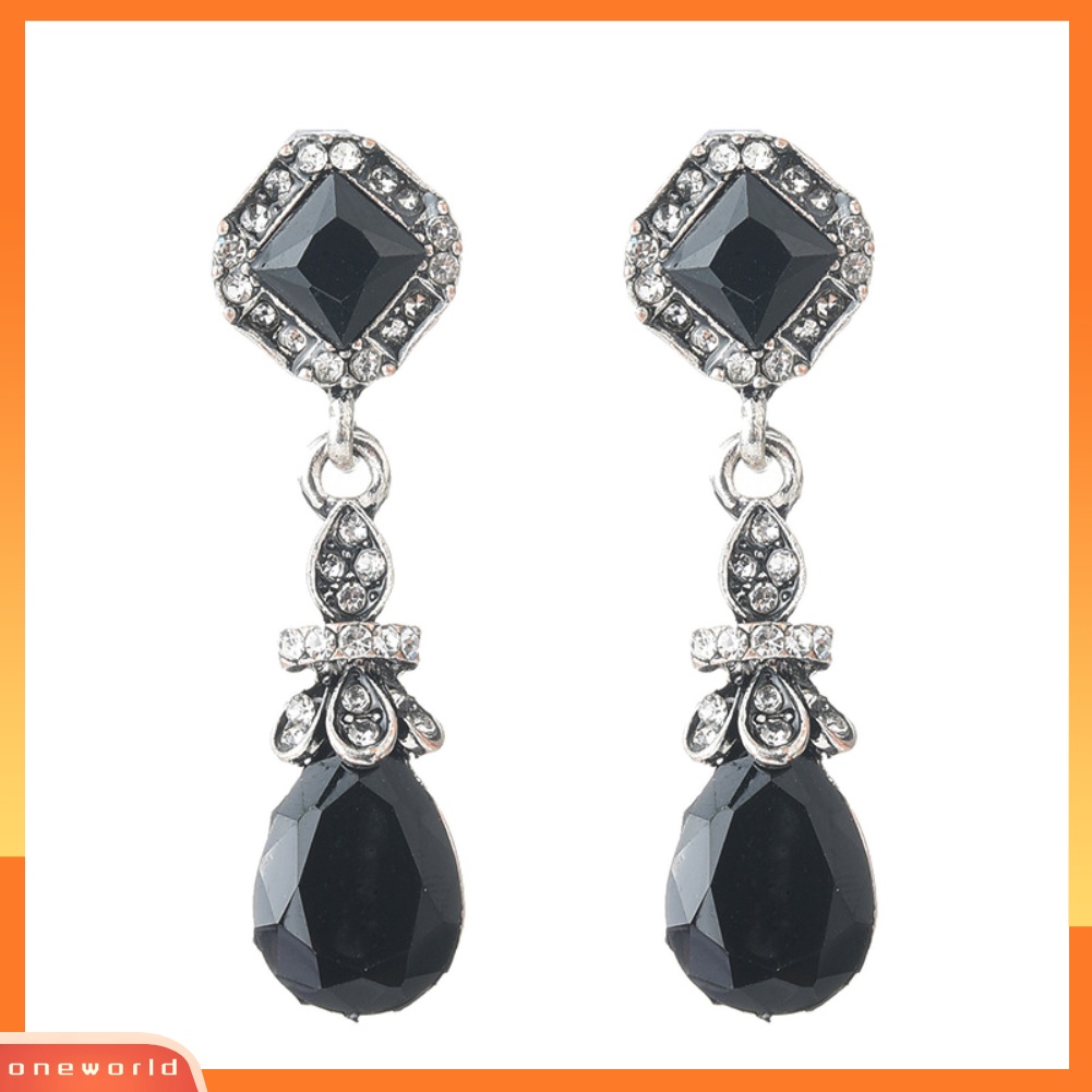 [WOD] Berlian Imitasi Vintage Bertatahkan Belah Ketupat Panjang Menjuntai Eardrop Perjamuan Cocktail Earrings