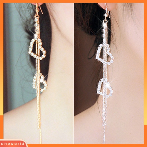 [WOD] Lady Berlian Imitasi Cinta Ganda Hati Drop Panjang Jumbai Rantai Menjuntai Linear Earrings