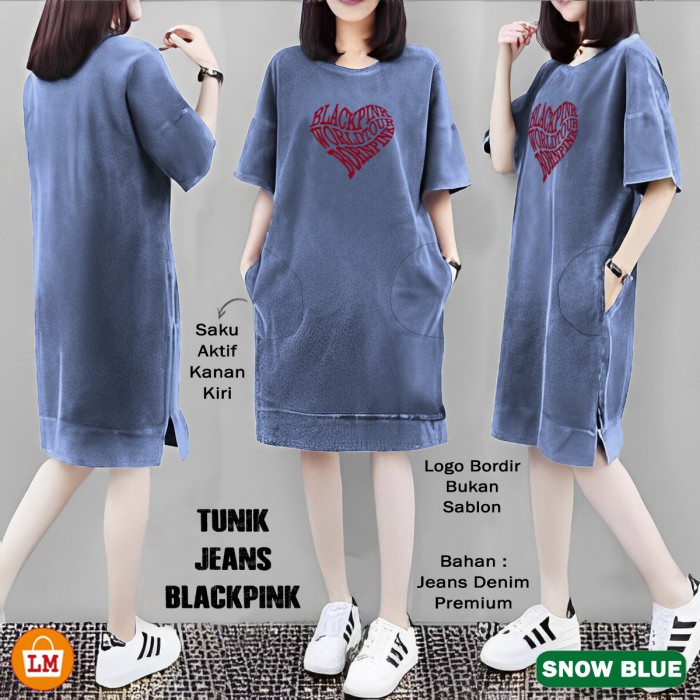 Baju Atasan Wanita TUNIK JEANS BLACKPINK Jumbo Bahan Jean Denim XL-XXL Terbaru LMS 32179