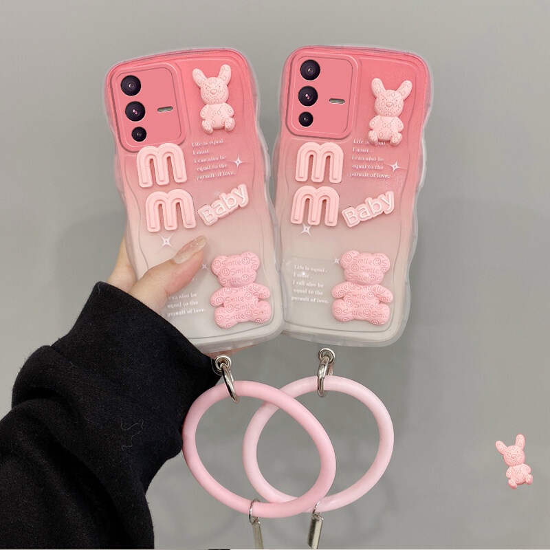 Andyh Desain Baru Untuk Vivo V23 Pro V23E 5G Case 3D Cute Bear+ Gelang Warna Solid Fashion Premium Gradient Soft Phone Case Silikon Shockproof Casing Pelindung Penutup Belakang