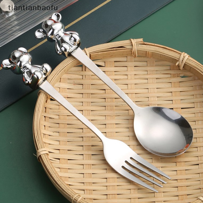 [tiantianbaofu] 1pc Stainless Steel Alat Makan Spoon Fork Sendok Teh Kartun Beruang Peralatan Dapur Butik