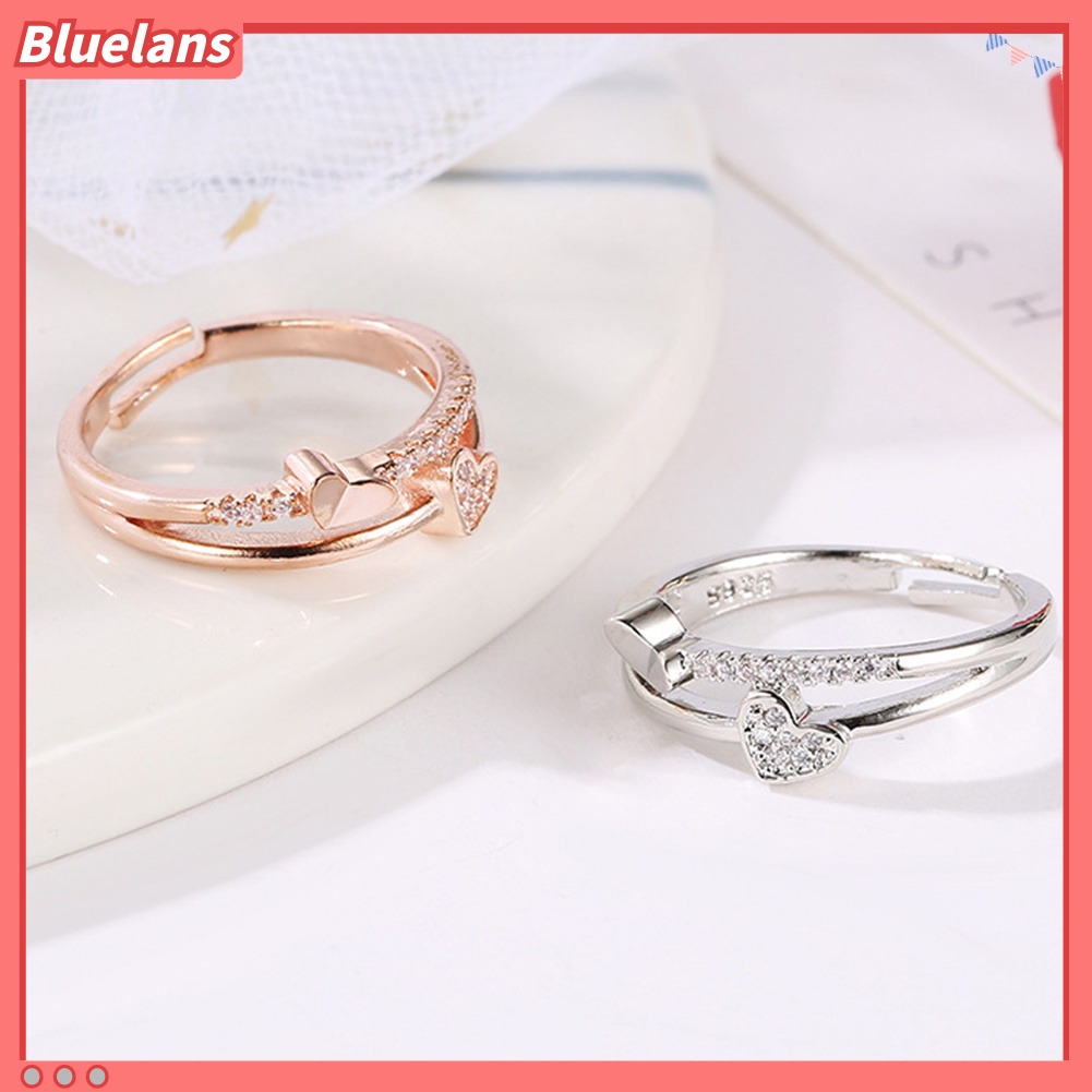 [BLS] Wanita Fashion Berlian Imitasi Bertatahkan Hati Ganda Berongga Band Pembukaan Cincin Perhiasan