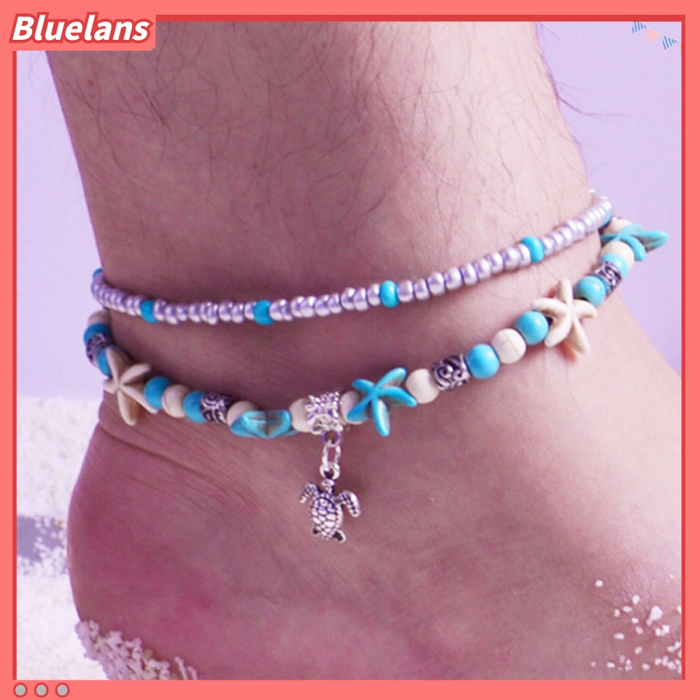 [BLS] Retro Wanita Multilayer Beads Bintang Laut Menjuntai Gelang Kaki Kaki Gelang Perhiasan Pantai