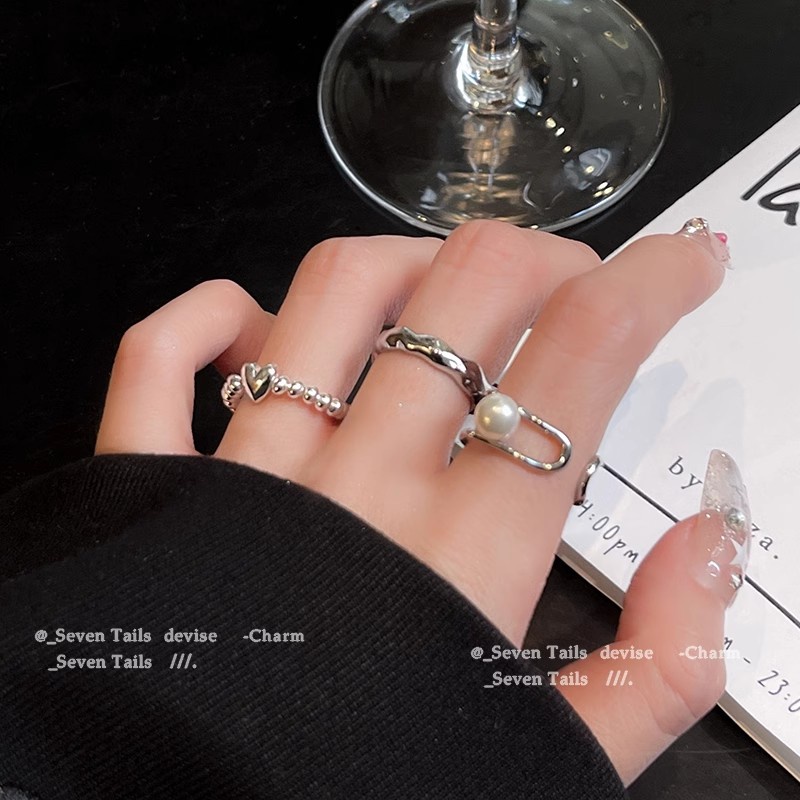 3 Pcs Fashion Mutiara Perak Beads Rings Set Untuk Wanita Elegan Hati Terbuka Cincin Aksesoris Perhiasan