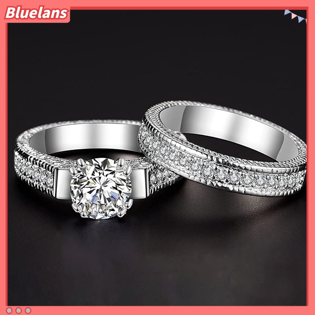 [BLS] 2pcs Cincin Pasangan Bentuk Geometri Cubic Zirconia Pria Wanita Shiny All Match Rings Untuk Pernikahan