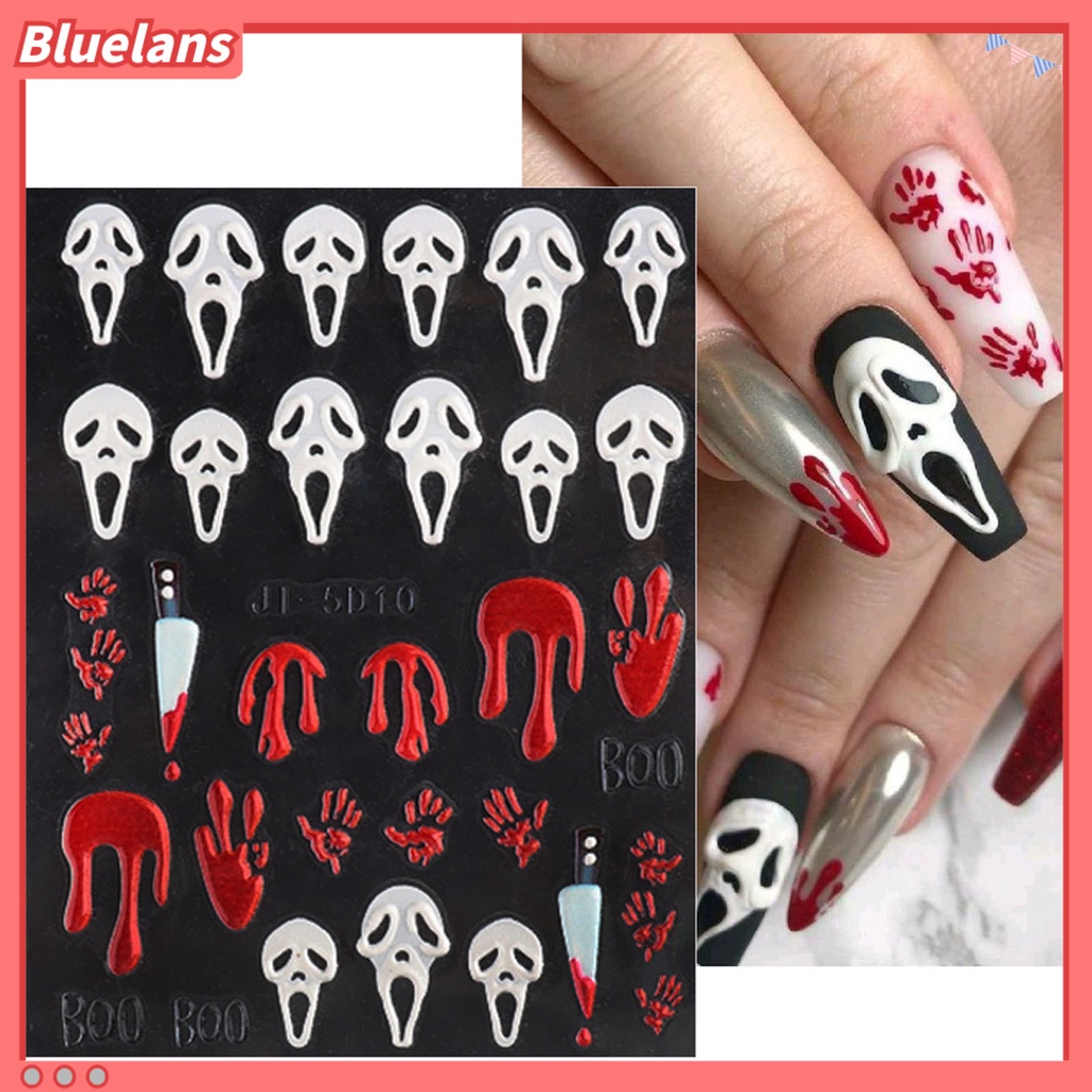 [BLM] Stiker Kuku Pola Horor Tahan Air Kuat Lengket Tidak Luntur Perekat Diri Dekoratif Resin Tulang Tetes Darah Tengkorak Sliders Nail Decals Perlengkapan Kuku