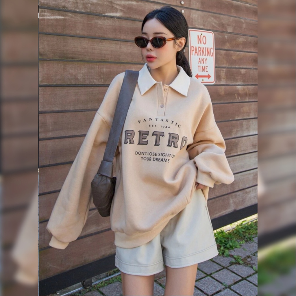 Retro Sweater Crowneck Oblong Matt Fleece Tebal Polos Basic Premium Outerwear Sweater Wanita l Unisex