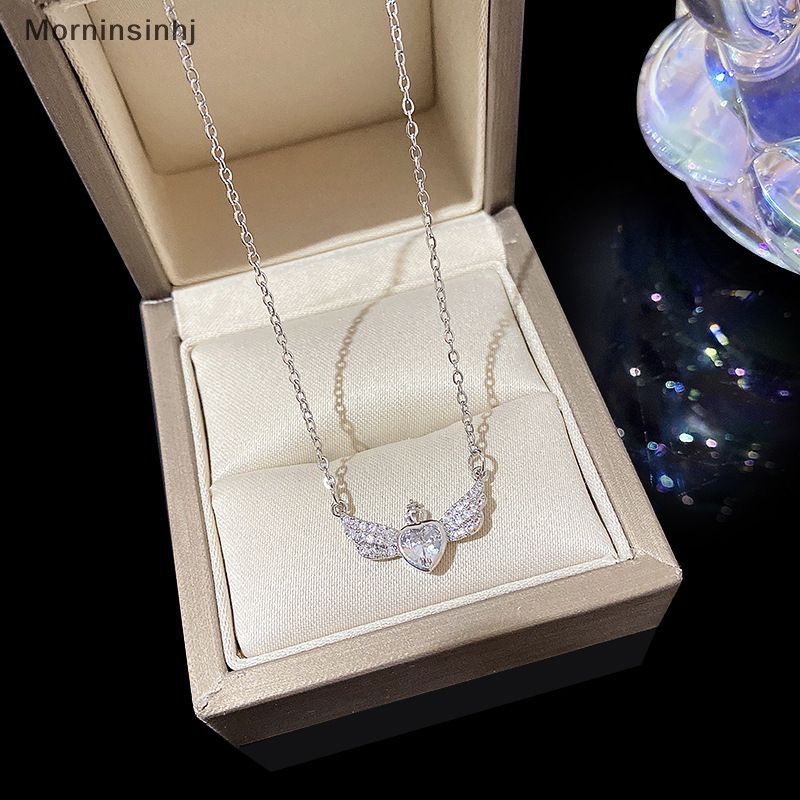 Mornin Gaya Korea Fashion Kristal Hati Sayap Liontin Kalung Warna Silver Mahkota Rantai Klavikula Untuk Wanita Pernikahan Perhiasan Aesthetic id