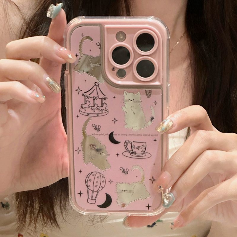 IPHONE Case TPU Lembut Mirror Pink Line Kitty iP Iphone14+Plus 11 12 13 Pro Max 2in1 FTD Cewek Wanita Casing Apple