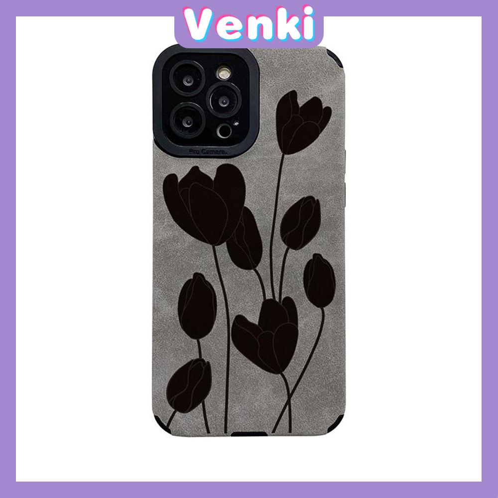 VENKI - Untuk iPhone 11 Case Leather Pupil Suede Case Soft Shockproof Case Camera Simple Black Flower Kompatibel dengan iPhone 14 13 Pro max 12 Pro max xr xs 7Plus 8Plus