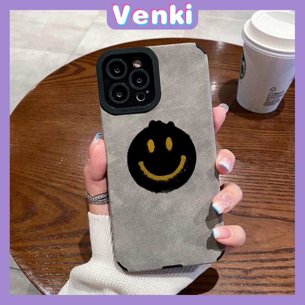 VENKI - Untuk iPhone 11 Case Leather Pupil Suede Cover Soft Shockproof Cover Camera Simple Yellow Smile Kompatibel dengan iPhone 14 13 Pro max 12 Pro max xr xs 7Plus 8Plus