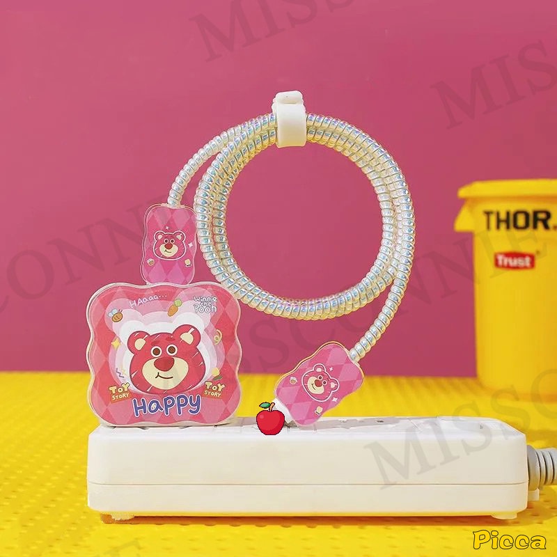 Set Lengan Kabel Data Tepi Bergelombang 5in1 Kompatibel Untuk Apple 18/20W Adaptor Charger Toy Story Cute Strawberry Bear Lovely 3D Ikatan Simpul Cinta Hati Kabel Soft Cover Dengan Pelindung Gigitan