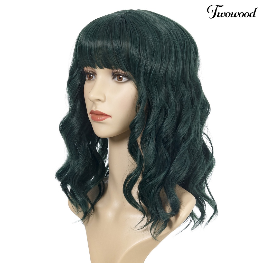 Twowood Wanita Wavy Mid Long Curly Wig Air Bangs Bermain Peran Kostum Pesta Sopak