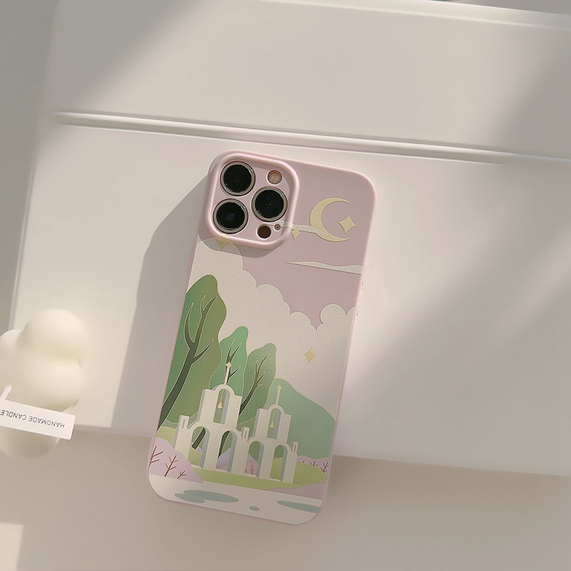 Cream Church Scenery Soft Silicon Case iP iPhone 14 + Plus 11 12 13 Pro Max FTD Girl Woman Casing Apple