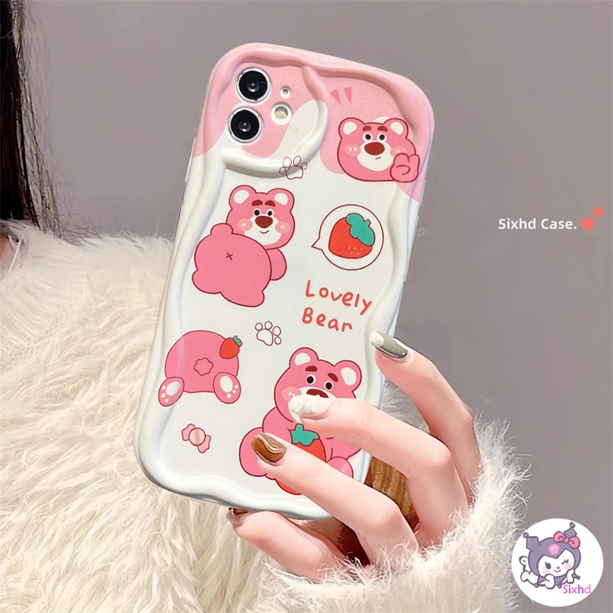 Realme C53 C55 C25Y C35 C33 C30 C25 C12 C11 C21Y C25s C15 C20 C3 9i 6i 5i 5 Narzo N53 N55 50A 50i Prime New Kartun Strawberry Bear 3D Tepi Melengkung Gelombang Glossy Casing Ponsel Soft Cover