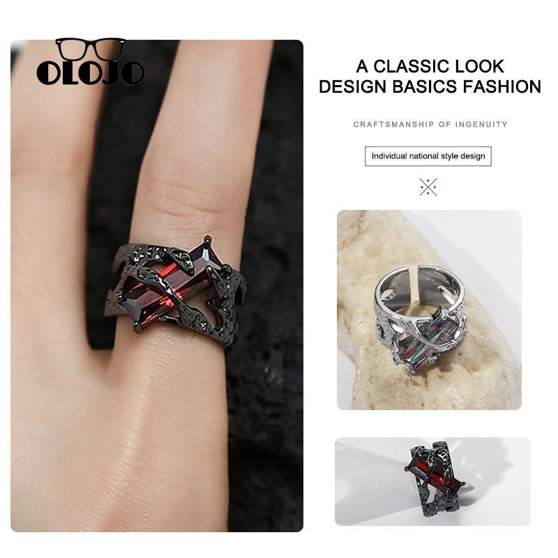 [Olojogrosiroriginal Desain Retro Merah Geometris Cincin Kepribadian Perempuan Punk Tekstur Berongga Cincin Logam