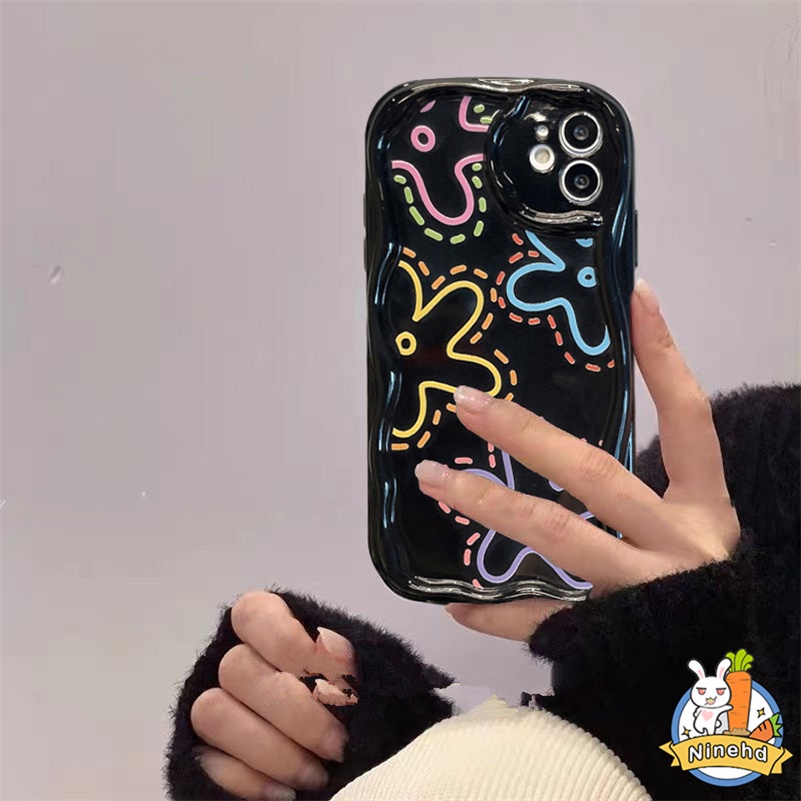 IPHONE Casing Kompatibel Untuk Iphone14 13 12 11 Pro Max X Xr Xs Max8 7 6 6s Plus Se2020Hitam Art Flower Floral Phone Case Wavy Curved Edge Soft Tpu Shockproof Airbag Glossy Back Cover