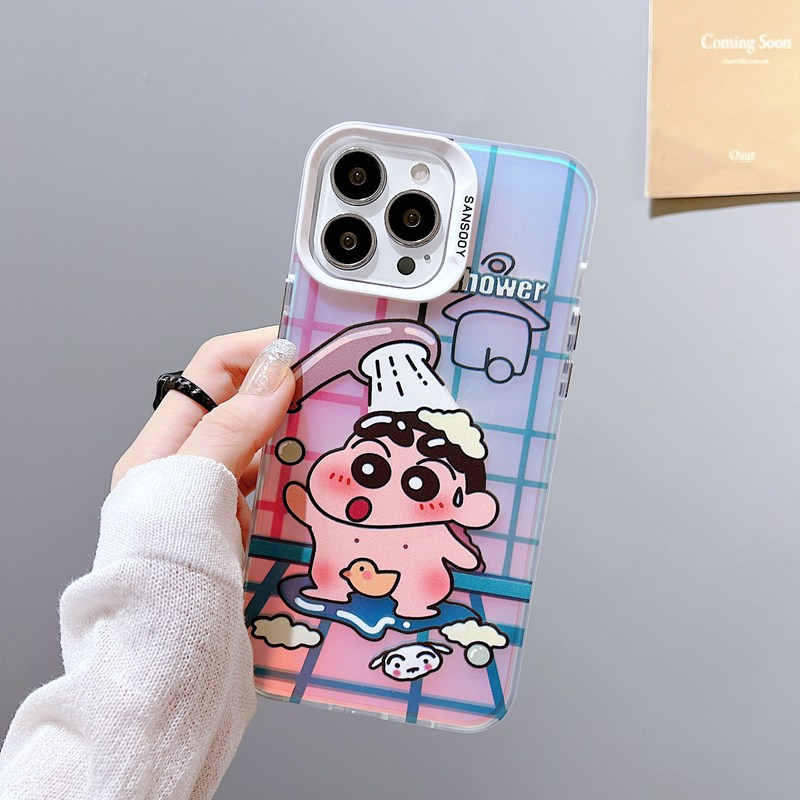 【Laser colorful】So Cute IMD high quality bathe Shin-chan Hard Case for IPhone 11 12 13 14 Pro Max Women Girl Lovely Cartoon