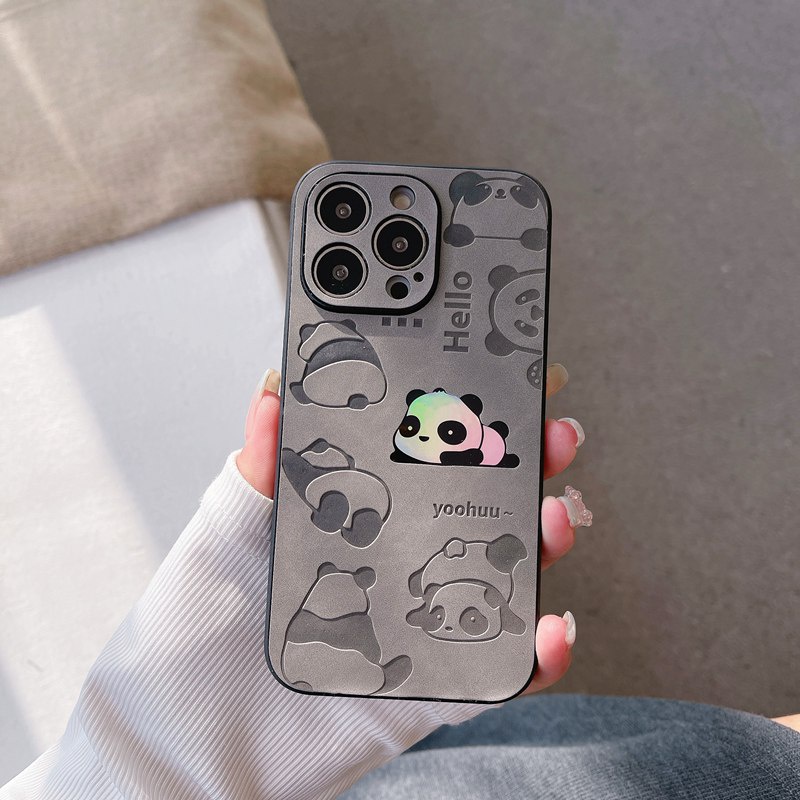 【Gradient Laser】So Cool Leather Case IPhone 11 12 13 14 Pro Max X XR XS MAX 14 Plus Protect Case Man Men's Fashion Black Cute China Panda Monster Phone Case