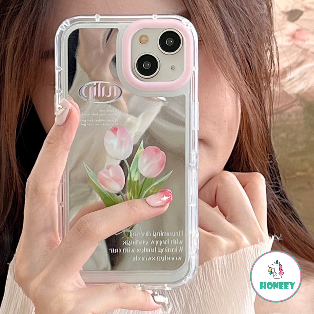 Pink Tulip Cermin Rias Tak Terlihat Stand Phone Case Kompatibel Untuk Iphone14 13 12 Pro Max Case iPhone 11 Pro Max Shockproof Back Cover