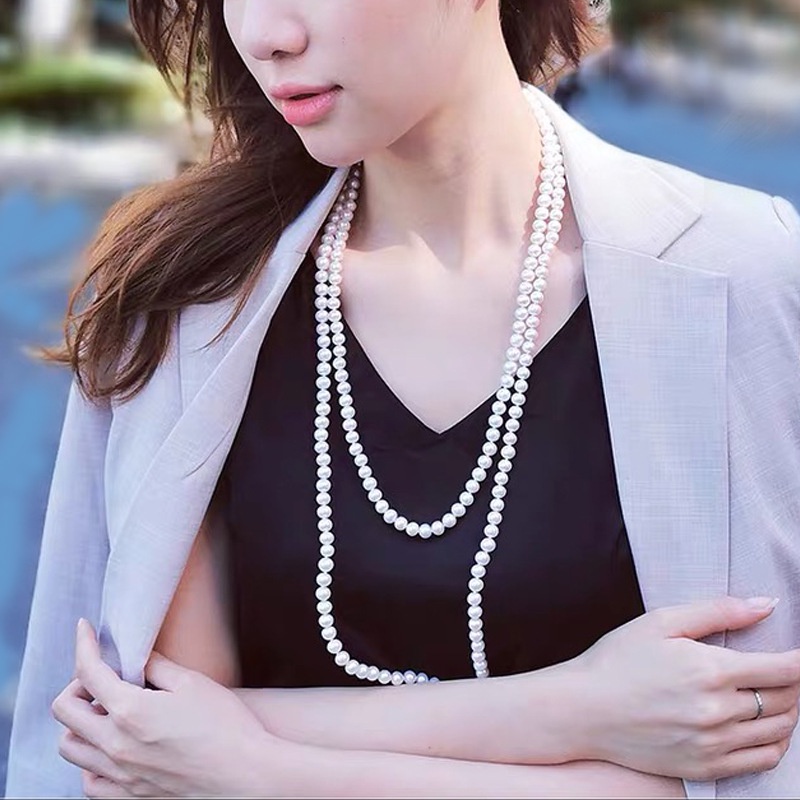 Kalung Mutiara Pearl Knotted Pearl Sweater Rantai Gaya Hepburn Manik-Manik Kalung Rantai Mutiara Panjang Cahaya Perhiasan Pakaian Mewah Selebriti Prancis Berkelas