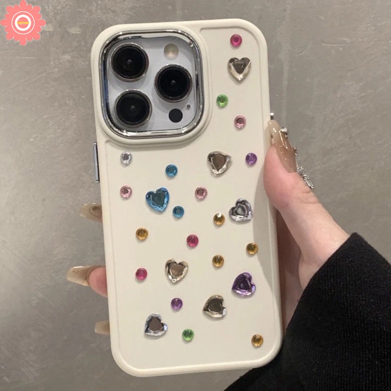 IPHONE Casing Persegi Warna Solid Sederhana Kompatibel Untuk Iphone11 13 14 11 12 Pro MAX XR 7Plus 8Plus X XS MAX Mewah Plating Warna-Warni Cinta Hati Berlian Casing Ponsel Dengan Dekorasi Stiker