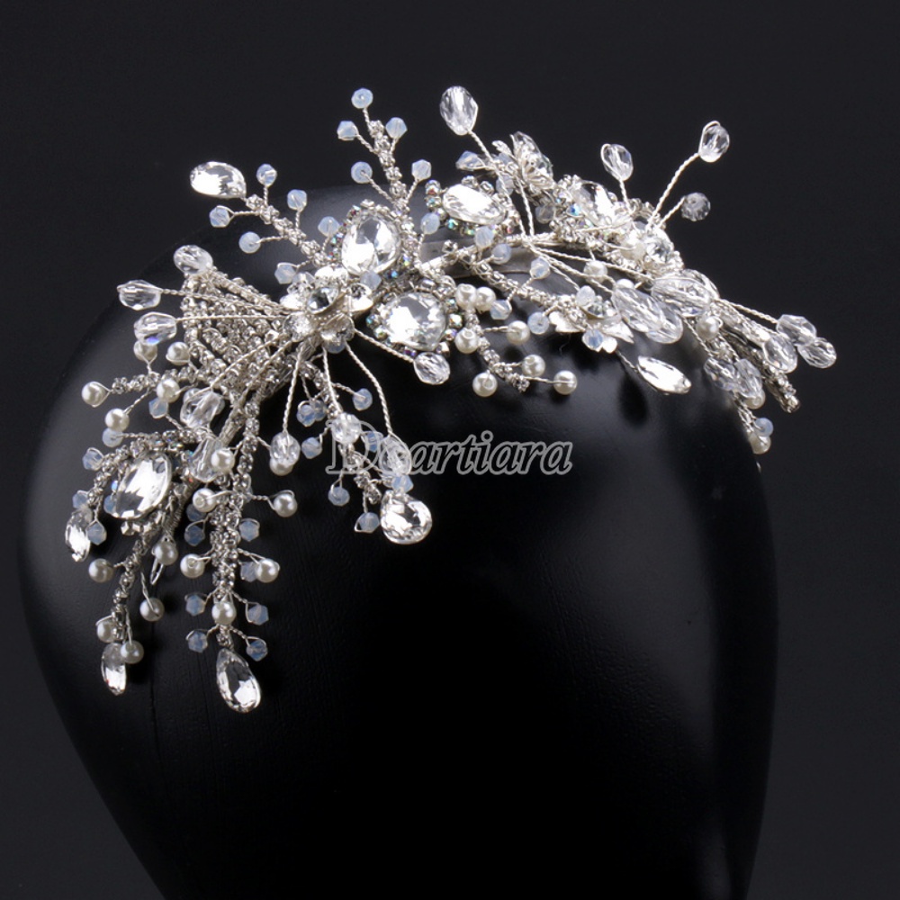 Kaca Kristal Buatan Tangan Murni Fashion Bridal Ornamen Perak Rambut Band Bridal Hiasan Kepala