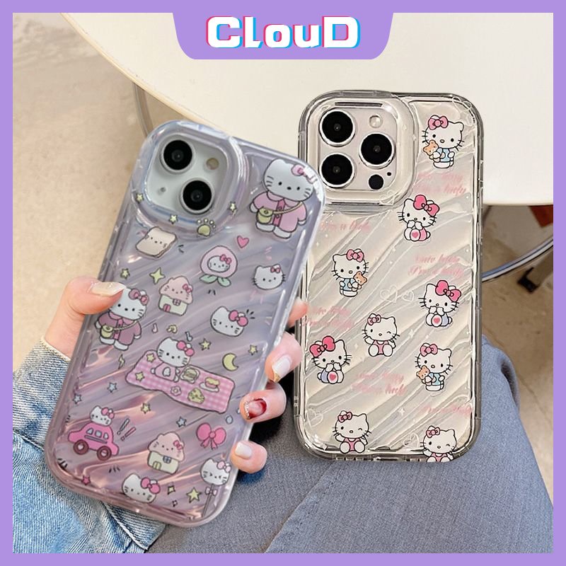 IPHONE Casing Bening Kartu Laser Kompatibel Untuk Iphone7 8 Plus 6 6S 7 8 Plus X XS Max SE 2020xr 11 12 13 14 Pro Max 3D Stereo Corrugation Doodle Kartun Lucu Hello Kitty Pattern Cover