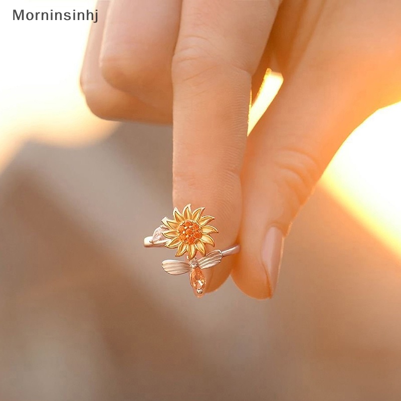 Mornin Pembukaan Dapat Disesuaikan Berputar Bunga Matahari Bee Release Stress Ring Rotatable Zircon Copper Finger Ring Untuk Wanita Fashion Perhiasan id