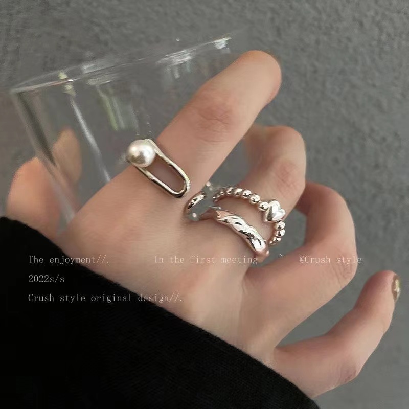 3pcs /Set Set Cincin Perak Untuk Wanita Mutiara Hati Twist Open Ring Simple Aksesoris Perhiasan