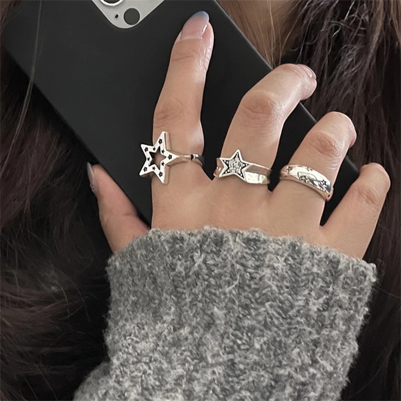 [Fiture] Fashion Sederhana Dapat Disesuaikan Terbuka Rings Rings/Kepribadian Hip Hop Rock Gadis Tidak Teratur Vintage Y2k Aksesoris/Retro Pentagram Bintang Jari Cincin/