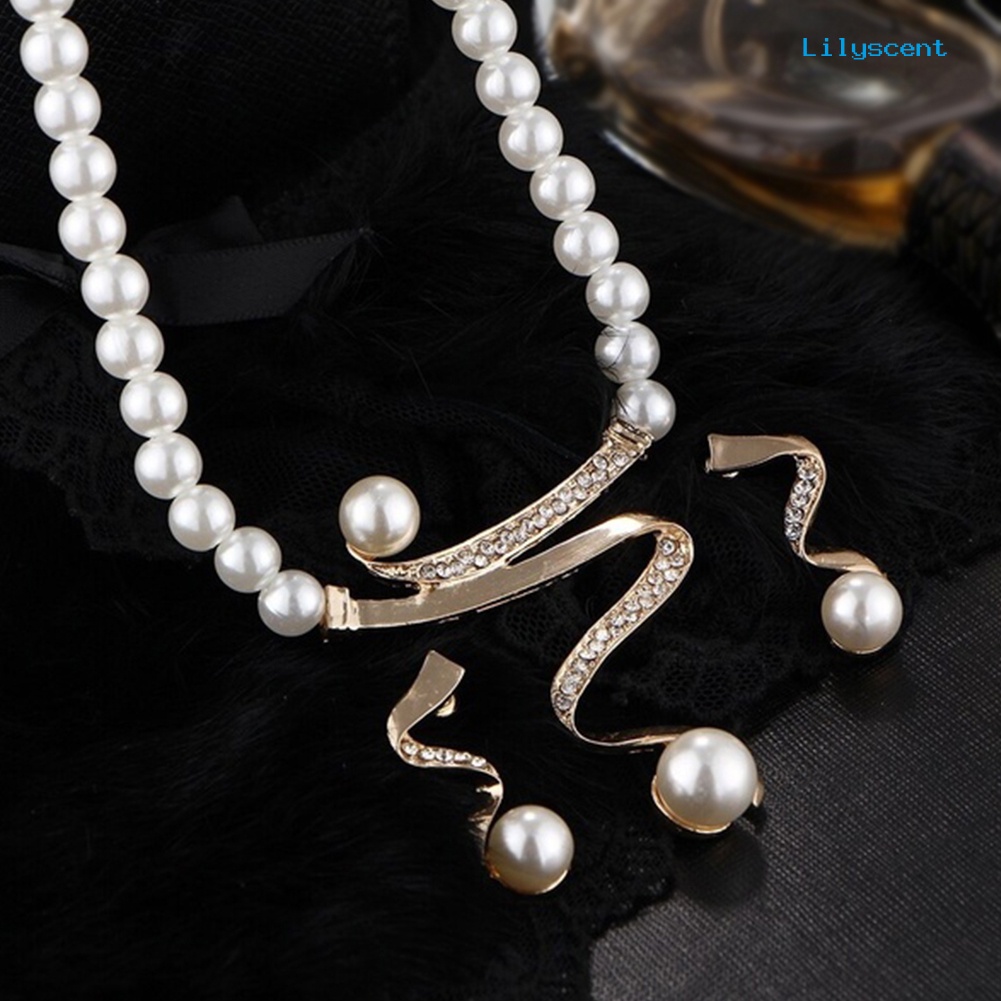 [LS]Rhinestone Faux Pearl Beaded Necklace Stud Earrings Set Perhiasan Pernikahan Pengantin