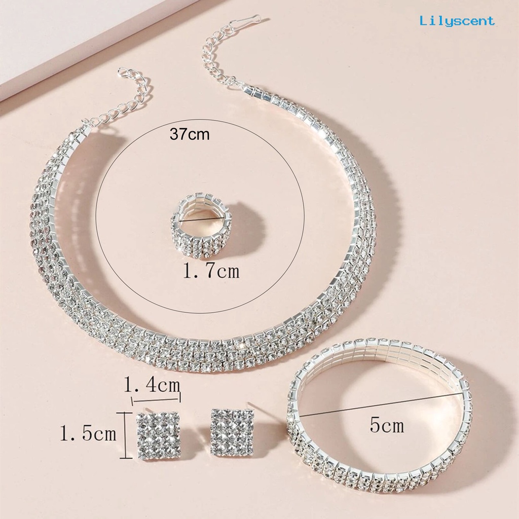 [LS]1 Set Kalung Gelang Anting Cincin Geometris Berlian Imitasi Perhiasan Bersinar Terang Kilau Set Perhiasan Untuk Pernikahan