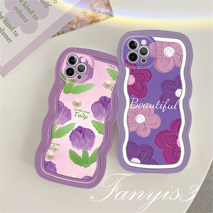 Redmi 12C 10C 10A 10 9 9A 9C 9T Note 11 Pro+11s 11 10s 10 9s 9 8 Pro Poco X4Pro X3 Pro X3NFC M4 Mi 11 Lite 10TPro Bunga Tulip Ungu Gelombang Bingkai Casing Ponsel TPU Soft Cover