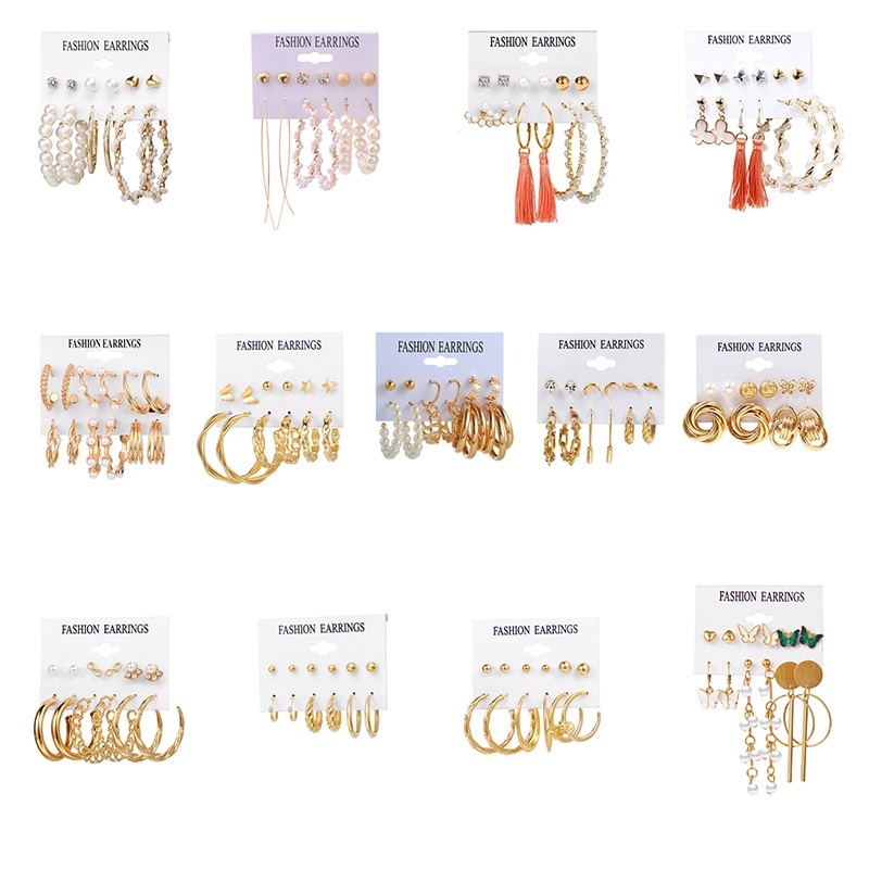 6 Pcs/Set Anting Mutiara Set Kristal Rumbai Elegan Oversized Stud Earrings Wanita Perhiasan Fashion Aksesoris