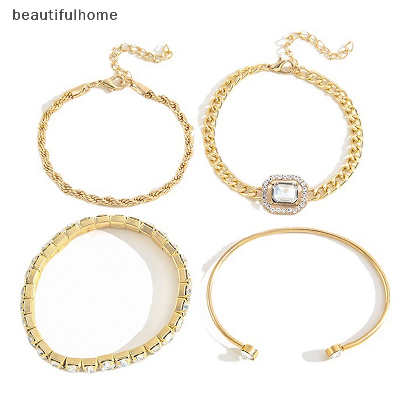 {beautifulhome} 4pcs Set Gelang Bangle Terbuka Kristal Desain Bohemian Untuk Wanita Vintage Hias Berlian Memutar Manset Rantai Aksesoris Perhiasan.