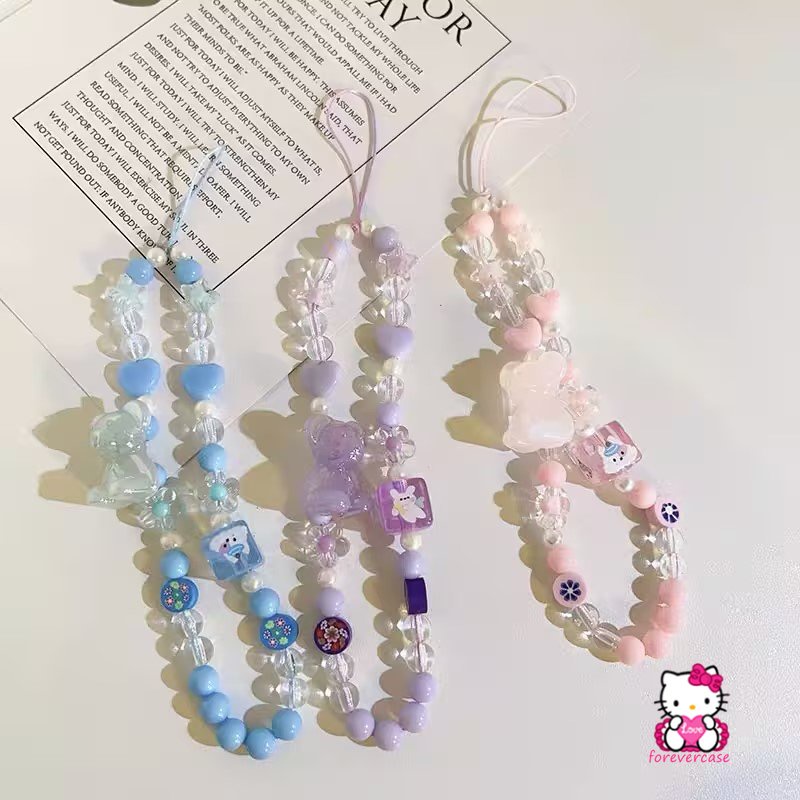 Baru Hitam Putih Beruang Senyum Cinta Hati Manik-Manik Rantai Ponsel Pesona Wanita Gadis Dekorasi Ponsel Lanyard Tali Telepon