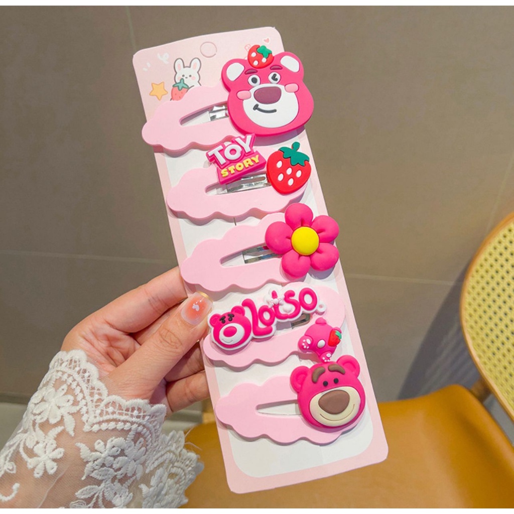 J14 - JEPITAN KLIP BAHAN IMPORT MOTIF BERUANG KELINCI BARBIE JEPITAN RAMBUT KARTUN 5 IN 1 - BDC