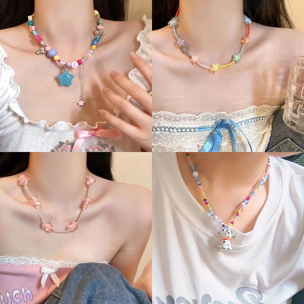 Kalung Gadis Dopamin Musim Panas~ Temperamen Segar Kecil Niche Warna Manik-Manik Rantai Klavikula Kalung All-Match Unik