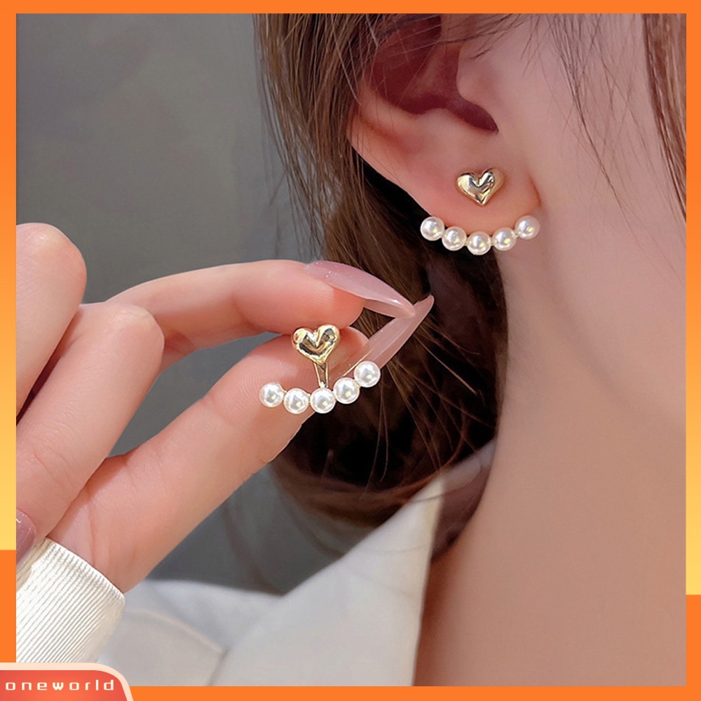 [ONR] 1pasang Mutiara Imitasi Wanita Ear Studs Golden Love Hati High Gloss Mewah Elegan Nonallergic Gadis Stud Earrings Fashion Perhiasan Aksesoris Hadiah