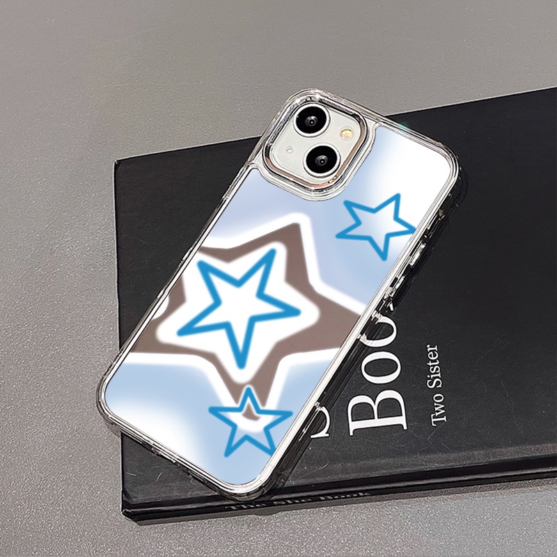 IPHONE Casing Ponsel Cermin Bintang Biru Berkilau Kompatibel Untuk Iphone11 12 13 14 12Pro 13Pro 14Pro Pro Max XR X XS Max Electroplating Tombol Perlindungan Mirror Cover