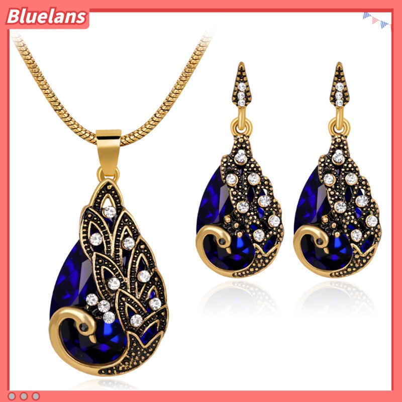 [BLS] Set Kalung Anting Permata Merak Aksesoris Eropa Dan Amerika Perhiasan Fashion Wanita