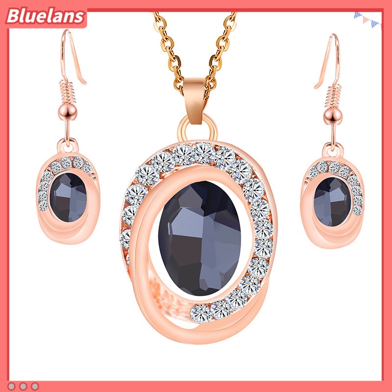 [BLS] Perhiasan Kristal Penuh Berlian oval Batu Permata Tidak Teratur Geometris Liontin set Kalung Anting