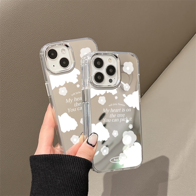 IPHONE Casing Ponsel Cermin Bunga Kecil Dan Awan Kompatibel Untuk Iphone11 12 13 14 12Pro 13Pro 14Pro Pro Max XR X XS Max Electroplating Tombol Perlindungan Mirror Cover