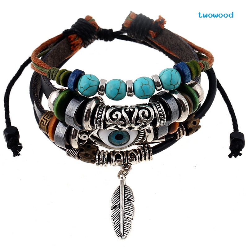 Twowood Multi-layered blue eyes Gelang Kulit Sapi Bulu Angin Etnik 5.5 Rambut Liontin Gelang Mahasiswa