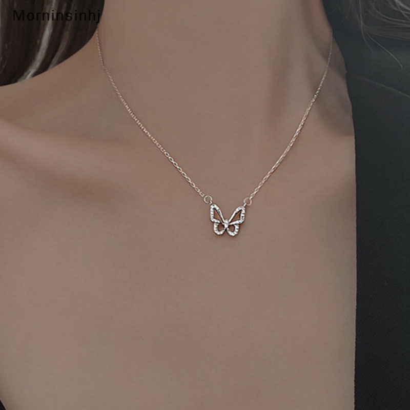 Mornin Shiny Butterfly Necklace Indah Emas Perak Kristal Liontin Kerah Rantai Fashion Klavikula Rantai Wanita Pesta Perhiasan Hadiah id