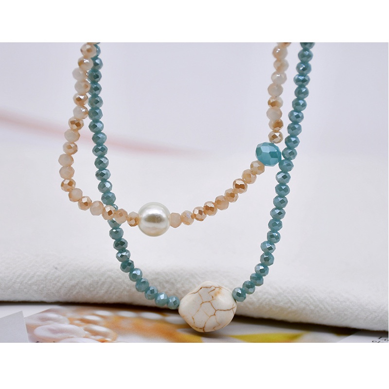 Musim Panas Kalung ins Double Layer Layered Kalung Kristal choker Manik-Manik Kalung All-Match Perhiasan Turquoise Klavikula Rantai